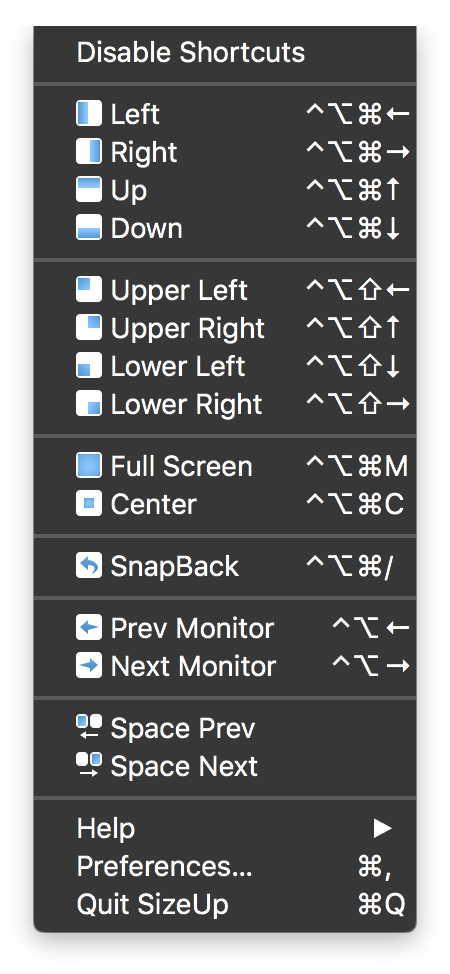 SizeUp Shortcuts